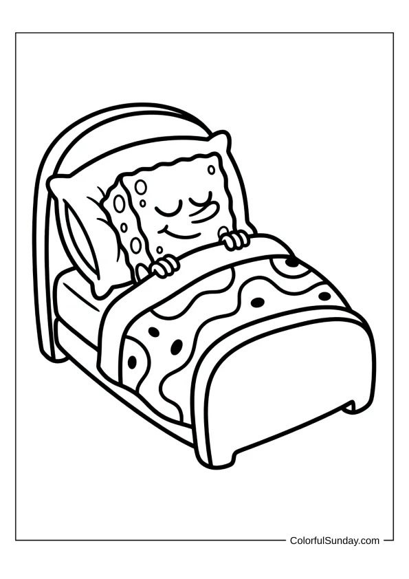 SpongeBob sleeping soundly in his bed with a blanket coloring sheet for kids