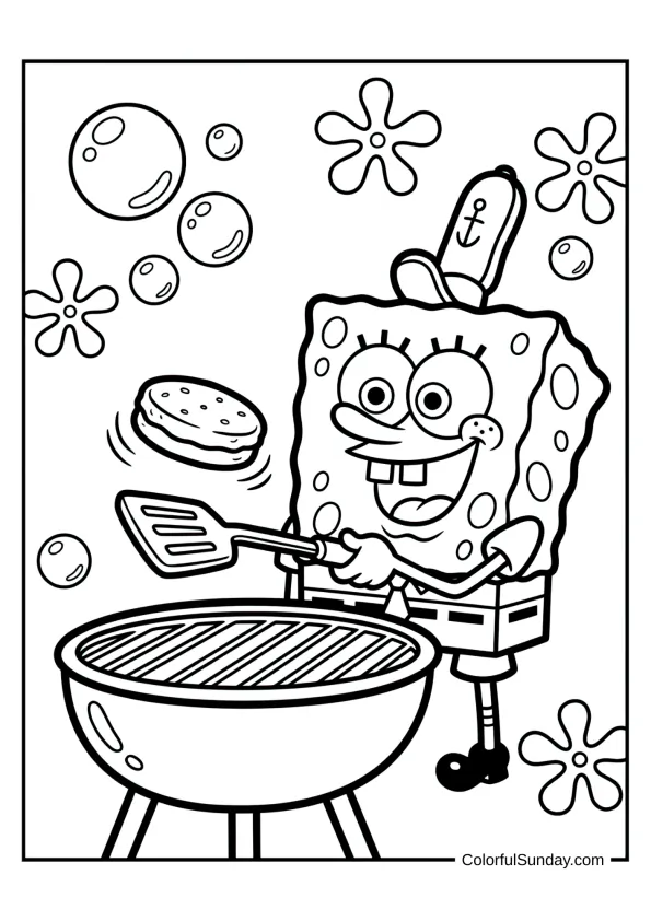 SpongeBob cooking with his spatula making Krabby Patties in a fun coloring picture