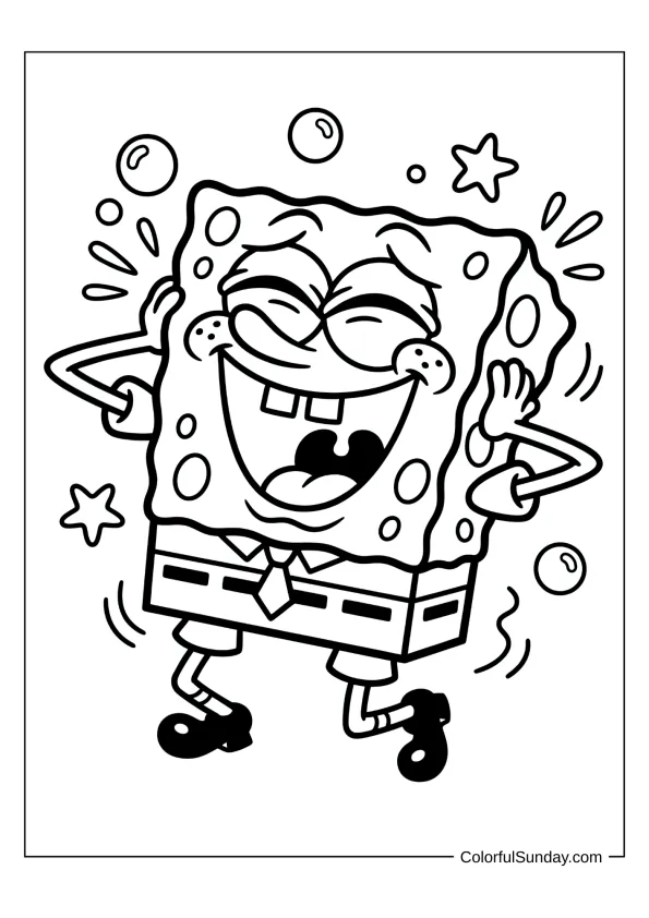 SpongeBob laughing with joy and happiness in a cheerful coloring page