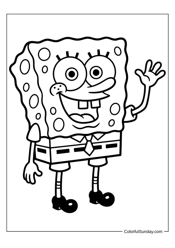 SpongeBob waving hello with a friendly smile in a simple coloring page for preschoolers