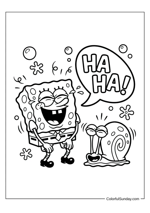 SpongeBob and Gary the snail laughing happily together in a cute coloring page
