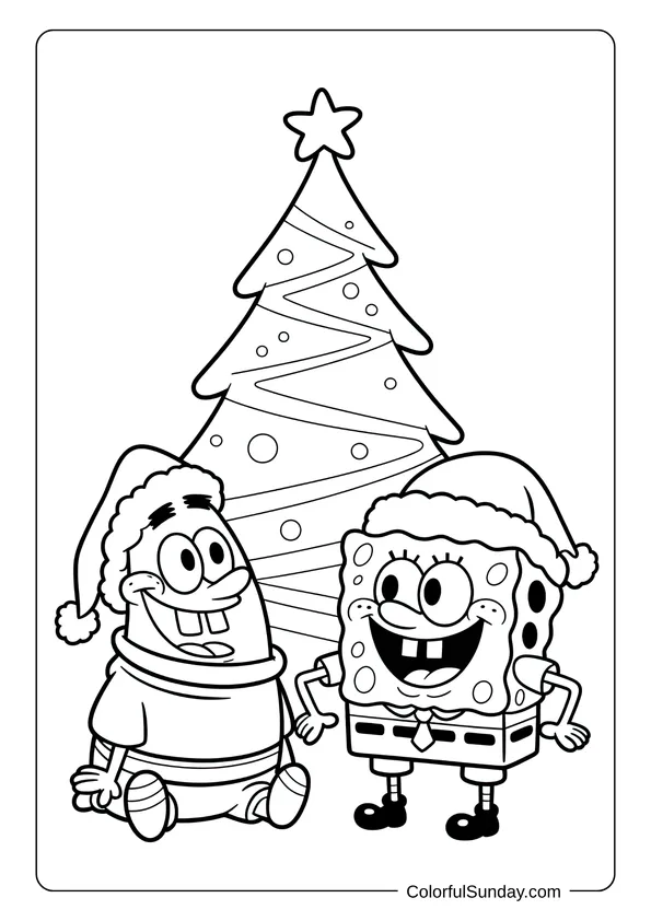 SpongeBob and Patrick wearing Santa hats and smiling beside a decorated Christmas tree in a fun holiday coloring page.