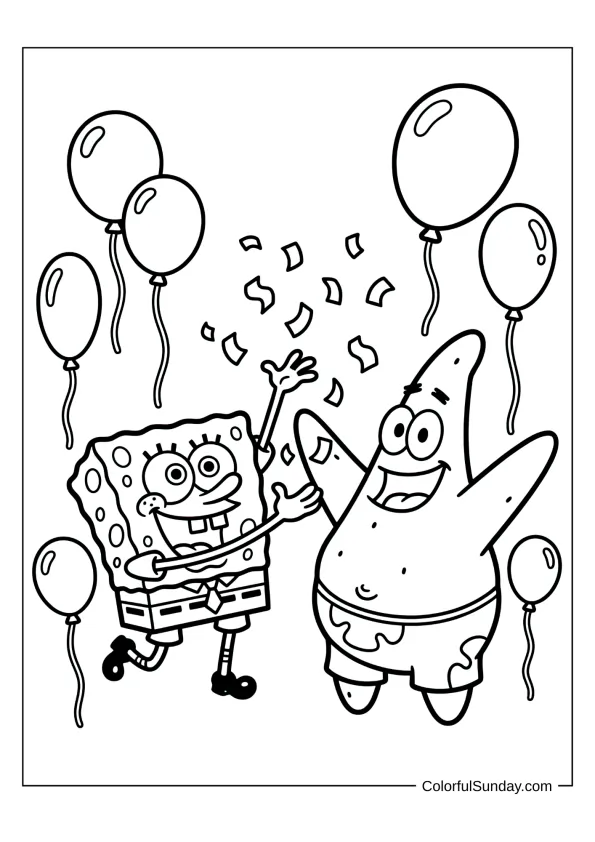SpongeBob and Patrick celebrating with confetti and balloons in a festive coloring page