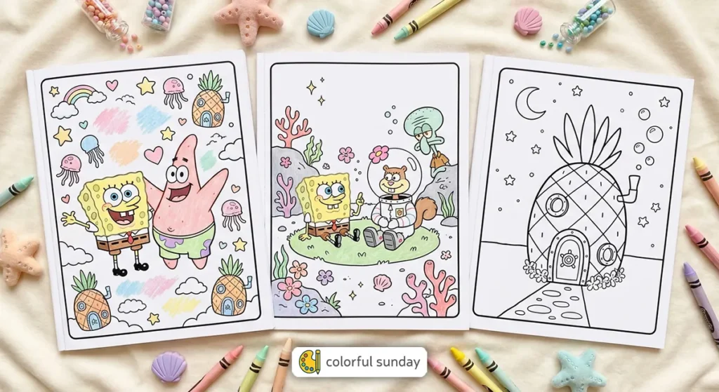 three coloring pages of SpongeBob
