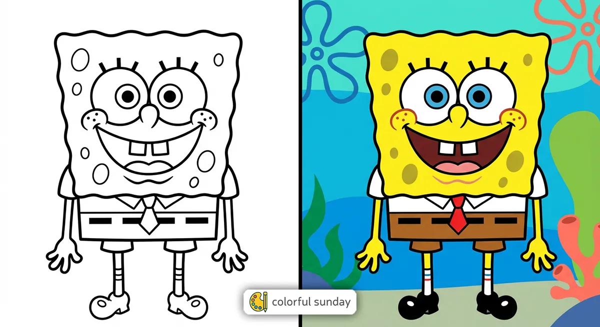 SpongeBob coloring pages featured image, left side uncolored, right side fully colored