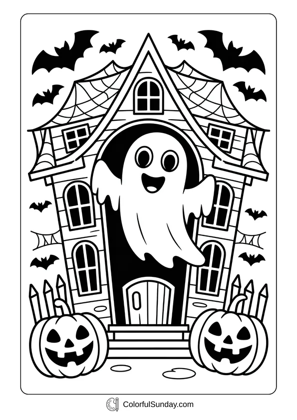 Pikachu From Pokemon Coloring Page A haunted house with bats, spider webs, and a happy ghost is shown in this October Halloween coloring page.