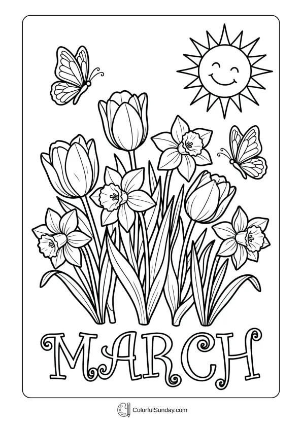 Spring flowers coloring page featuring tulips and daffodils welcoming March with butterflies