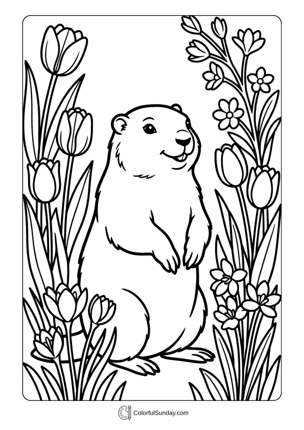 Hopeful groundhog surrounded by early spring flowers in this cheerful Groundhog Day coloring page