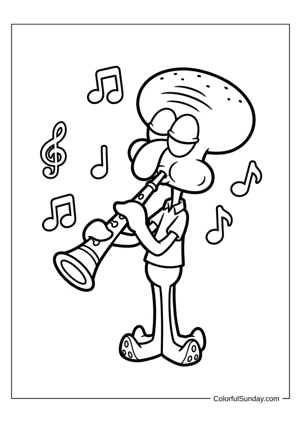 Squidward playing his clarinet with music notes in a SpongeBob coloring picture for kids