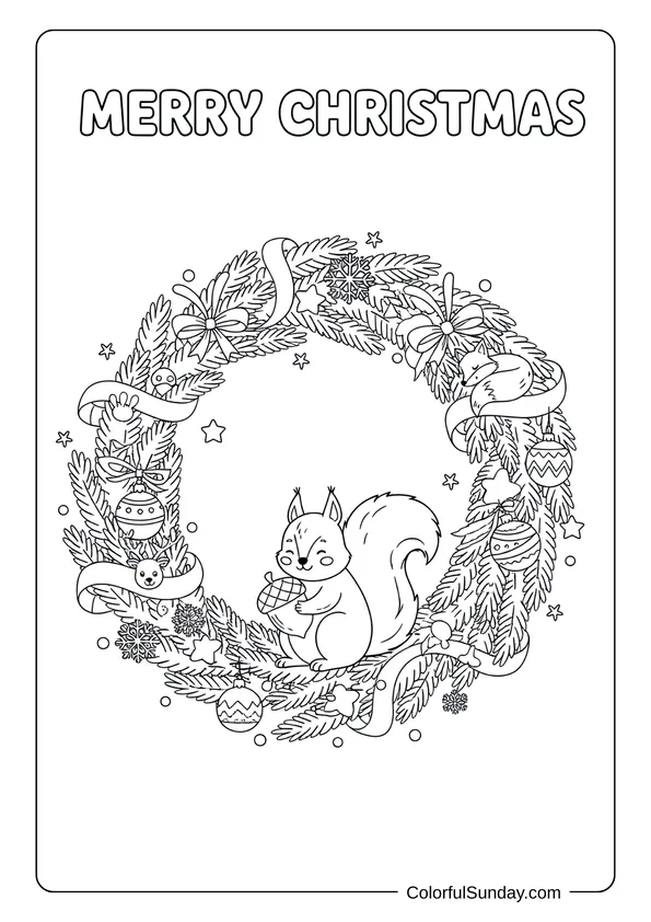 A Christmas wreath coloring page featuring a squirrel with an acorn decoration.