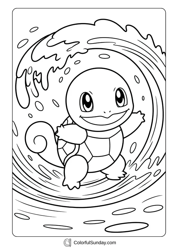 Pokemon Badges And Logo Coloring Page Squirtle riding a big wave is the main focus of this Pokémon coloring page.