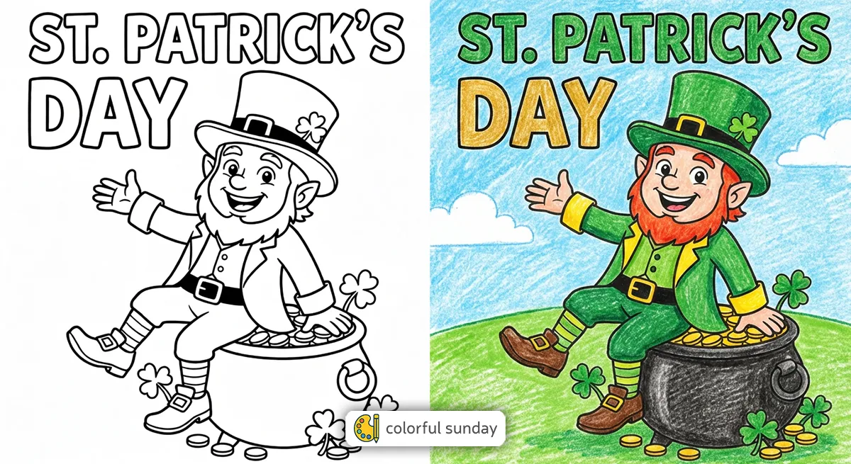 St. Patrick's Day coloring pages featured image, left side uncolored, right side fully colored