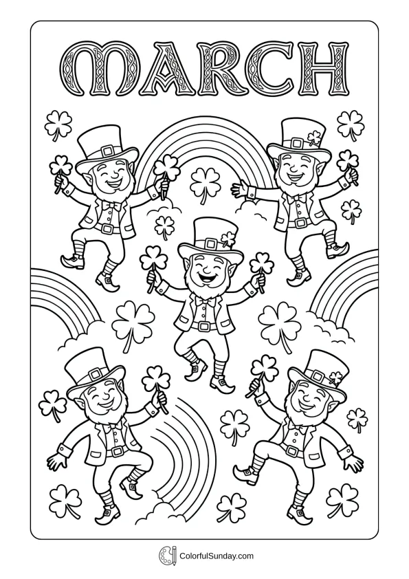 St. Patrick's Day coloring page with leprechauns dancing among shamrocks and rainbows in March