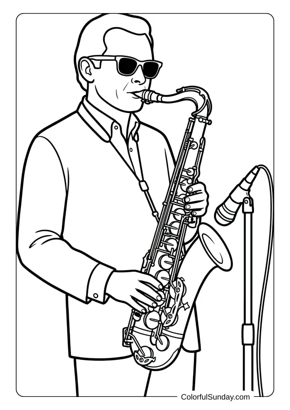 Stan Getz with sunglasses holding saxophone, standing near microphone in performance pose coloring page.