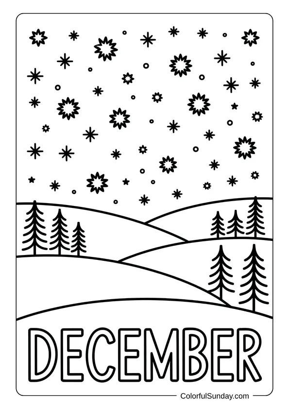 A sky full of stars shining above snowy hills and pine trees in a December night coloring page.