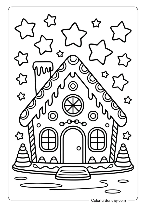 Stars fill the sky above a gingerbread house with icing trim in this magical coloring page.