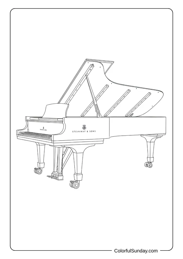 Pikachu From Pokemon Coloring Page Steinway & Sons grand piano with open lid and visible details, shown in a realistic coloring page.
