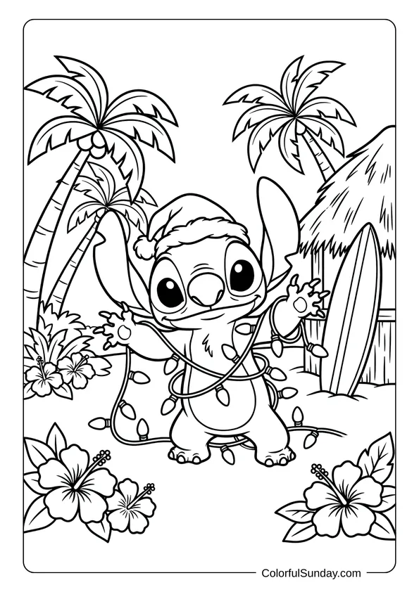 A Disney Christmas coloring page featuring Stitch causing festive chaos with tangled lights in Hawaiian scene.
