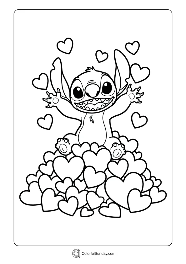 Stitch sits on top of a big pile of hearts and grins in this Valentine's Day coloring page.