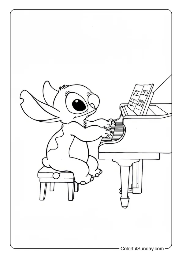 Stitch plays a piano with sheet music on display in this musical-themed coloring page.