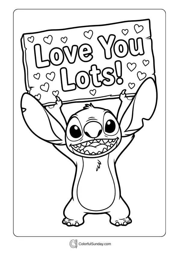 A coloring page of Stitch holding a sign that says 'Love You Lots!' for Valentine's Day.