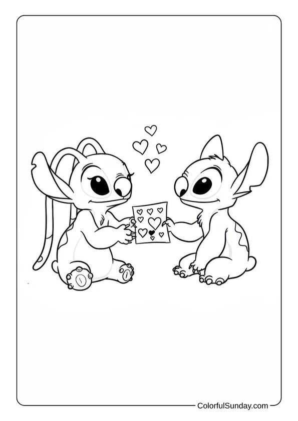 Stitch and Angel are exchanging heart cards with love floating above them in this sweet coloring page.