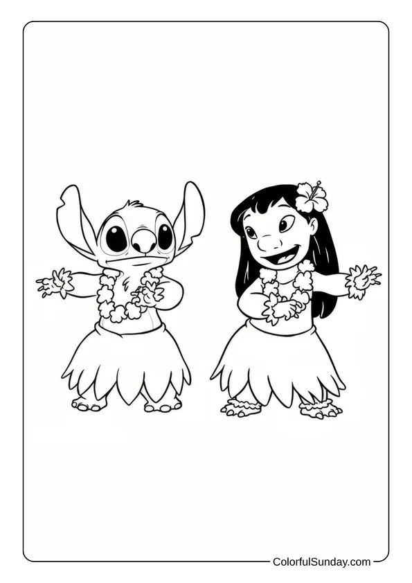 Stitch and Lilo Dancing Coloring Page Stitch and Lilo wear flower leis and grass skirts while dancing a hula in this Hawaiian-themed coloring page.
