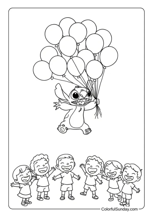 Stitch floats into the sky holding a bunch of balloons while kids cheer below in this coloring page.