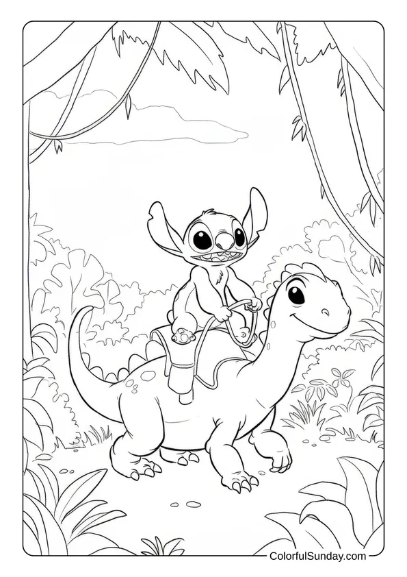 This coloring page shows Stitch riding a friendly dinosaur through a jungle trail.