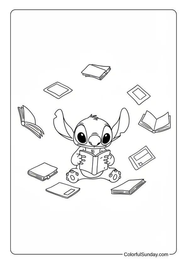Stitch and the Flying Books Coloring Page Stitch coloring page of Stitch sitting and reading while books float around him in the air.