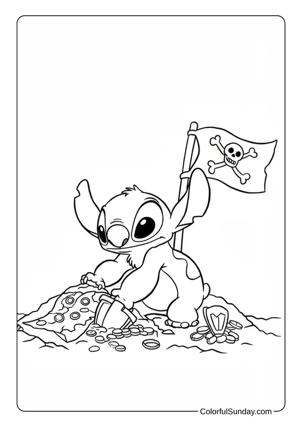 Stitch digging up treasure with a pirate flag planted nearby in this adventurous coloring page.