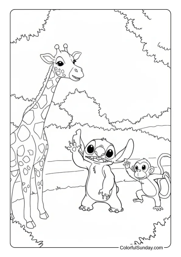 Stitch waves next to a smiling giraffe and a playful monkey in this zoo coloring page.