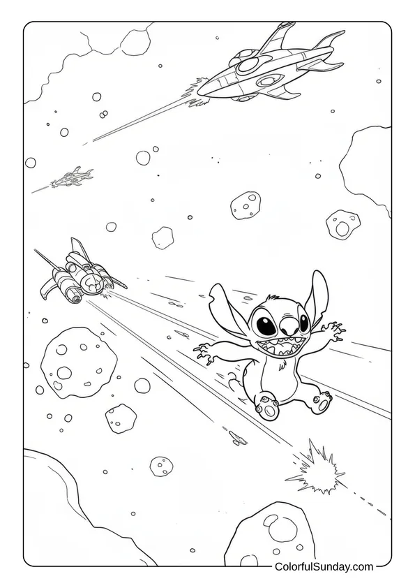 In this space-themed coloring page, Stitch escapes a spaceship battle surrounded by asteroids.