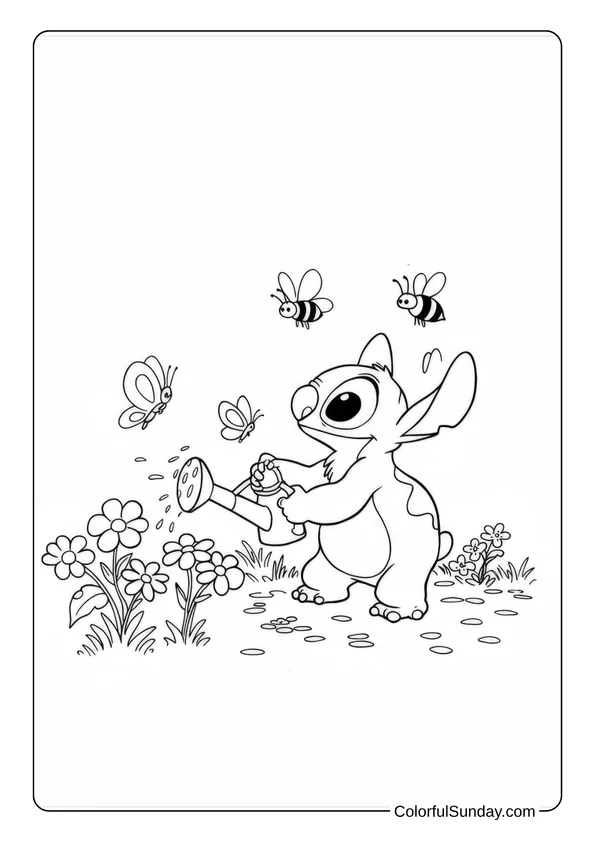 Stitch coloring page of him watering flowers while butterflies and bees fly around.