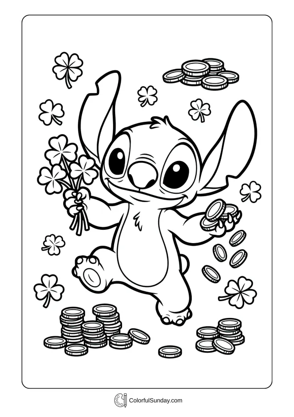 Coloring page illustration of Stitch holding shamrocks and coins in a joyful St. Patrick’s Day scene.