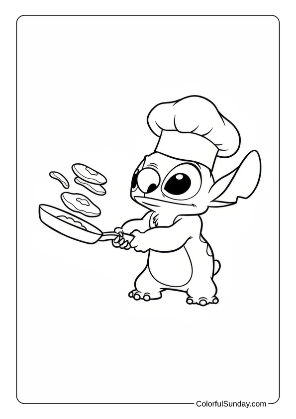 Stitch is flipping pancakes while wearing a chef hat in this cute coloring page.