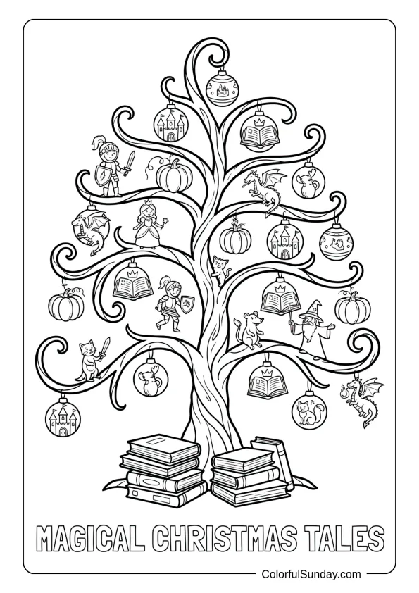 A magical Christmas tree from a fairy tale with enchanted ornaments and storybook characters coloring page