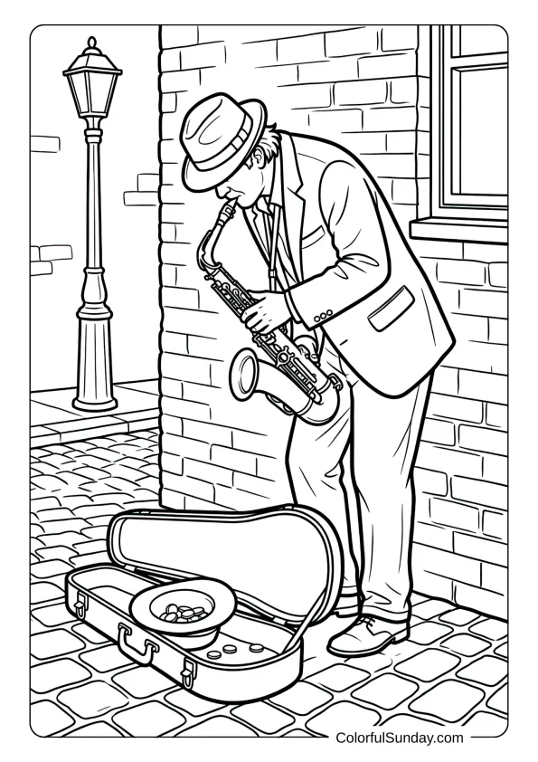 A coloring page showing street musician playing saxophone outdoors with instrument case open and hat nearby.