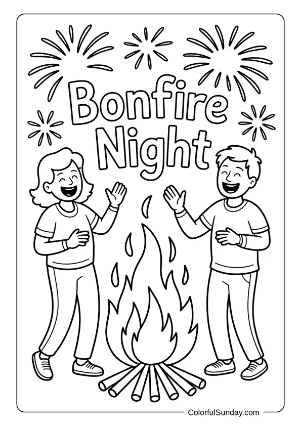Bonfire Night celebration with two happy people laughing beside a tall fire and fireworks in the background in this coloring page.