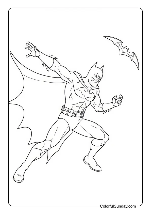 Strong Batman Throws His Batarang Coloring Page Batman throws a batarang with force in a coloring page.