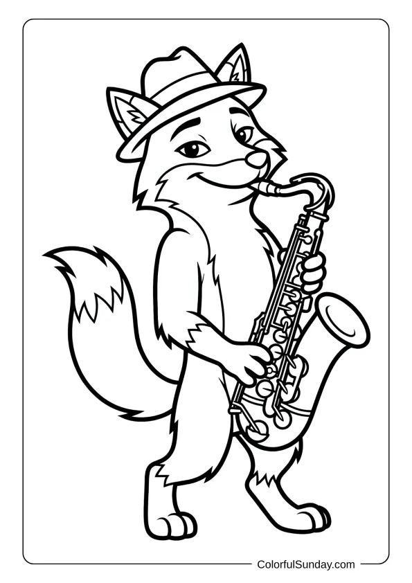 A fox coloring page wearing a fedora hat playing a saxophone in confident pose coloring page.