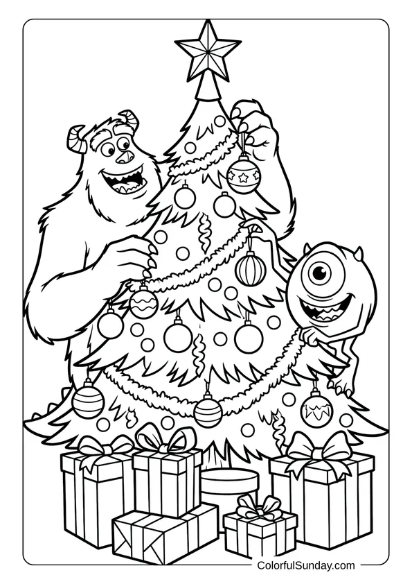 Coloring page showing Sulley and Mike Wazowski celebrating Disney Christmas while decorating a festive tree with ornaments and gifts.