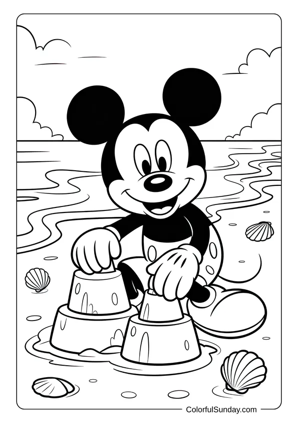 Pokemon Badges And Logo Coloring Page Mickey Mouse building sandcastles at the beach with seashells around him in this summer coloring page.