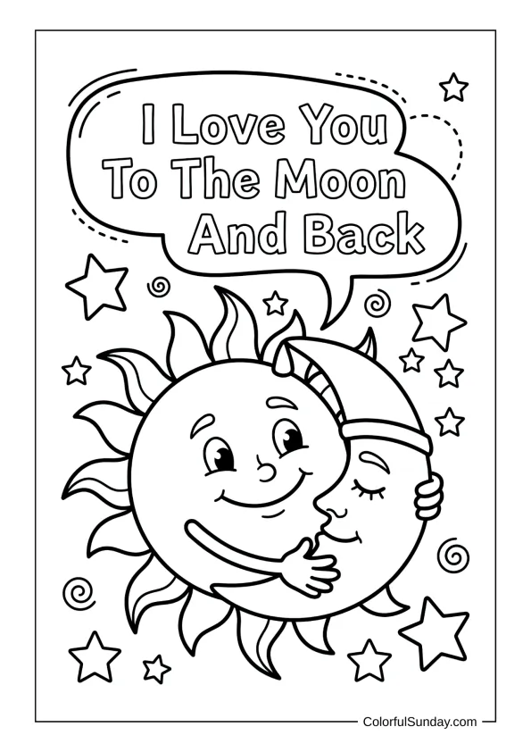 Sun hugging the moon among stars and galaxy patterns in an I love you coloring page.