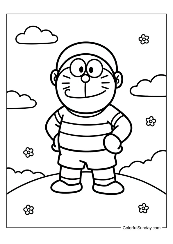 Proud Suneo from Doraemon standing on a hill coloring page.