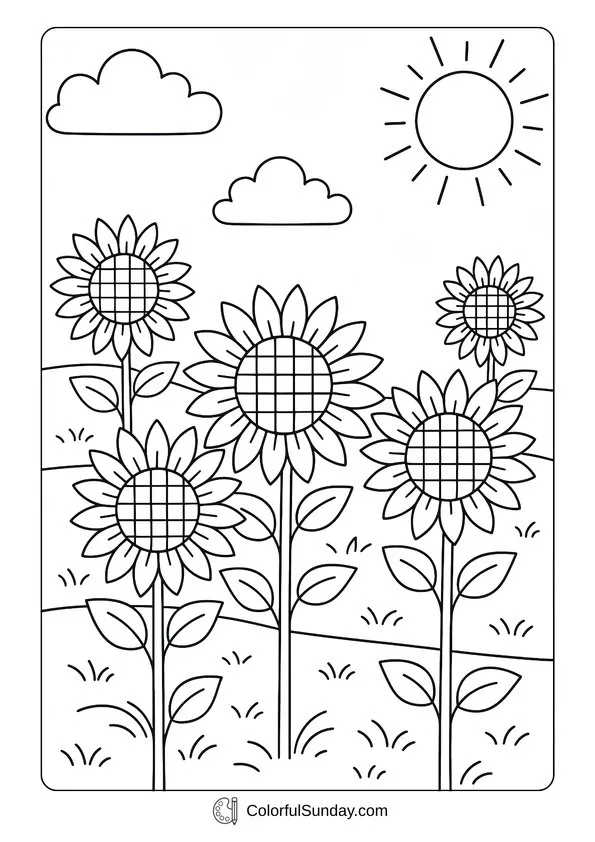 Sunflower Fields September Coloring Page Tall blooming sunflower field under the sun in a September coloring page.