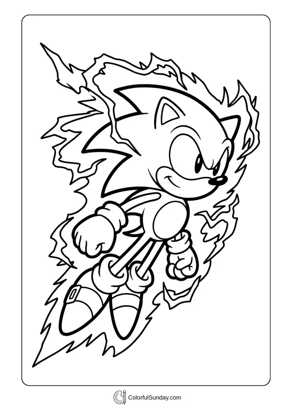 A coloring page of Super Sonic flying with energy aura in 2D style coloring page