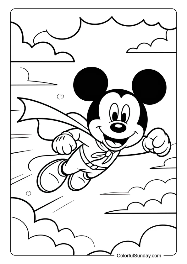 Pikachu From Pokemon Coloring Page Superhero coloring page of Mickey Mouse flying through the clouds with a cape and a determined smile.