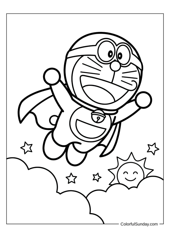 Brave superhero Doraemon flying to save the day coloring page.