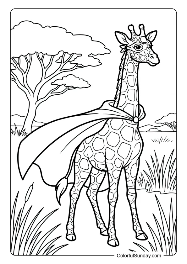 Superhero Giraffe To Color A brave superhero giraffe coloring page wearing cape and mask ready to save the savanna today.